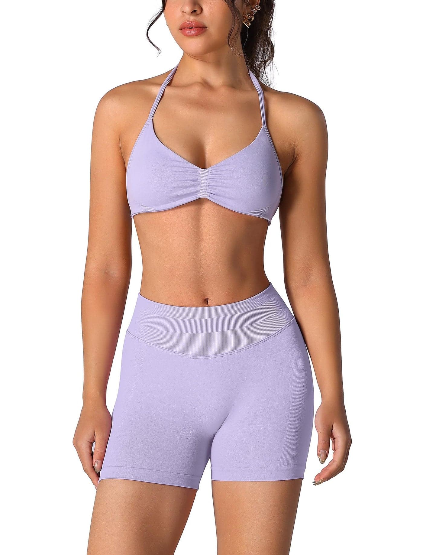 ABOCIW Workout Sets for Women 2 Piece Seamless Scrunch Butt Lifting High Waist Impact Gym Shorts Matching Halter Sports Bra Active Wear Yoga Outfits 1 Lilac Small