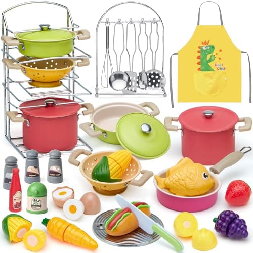 Golray Play Kitchen Accessories Pretend Cooking Playset for Kids with Pots and Pans Set Cooking Utensils Toys Organizer Play Food Set Apron Condiments Birthday Gifts for Toddlers Boys Girls