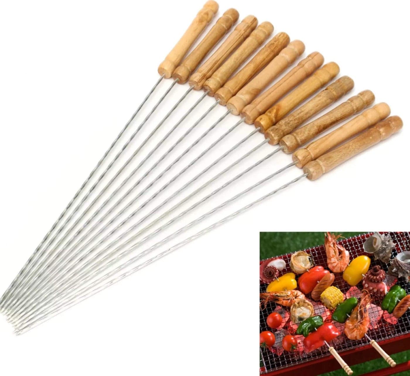 Funeiko BBQ Skewers Tandoor for Barbecue, Grill | Stainless Steel Stick with Wooden Handle (Pack of 12)