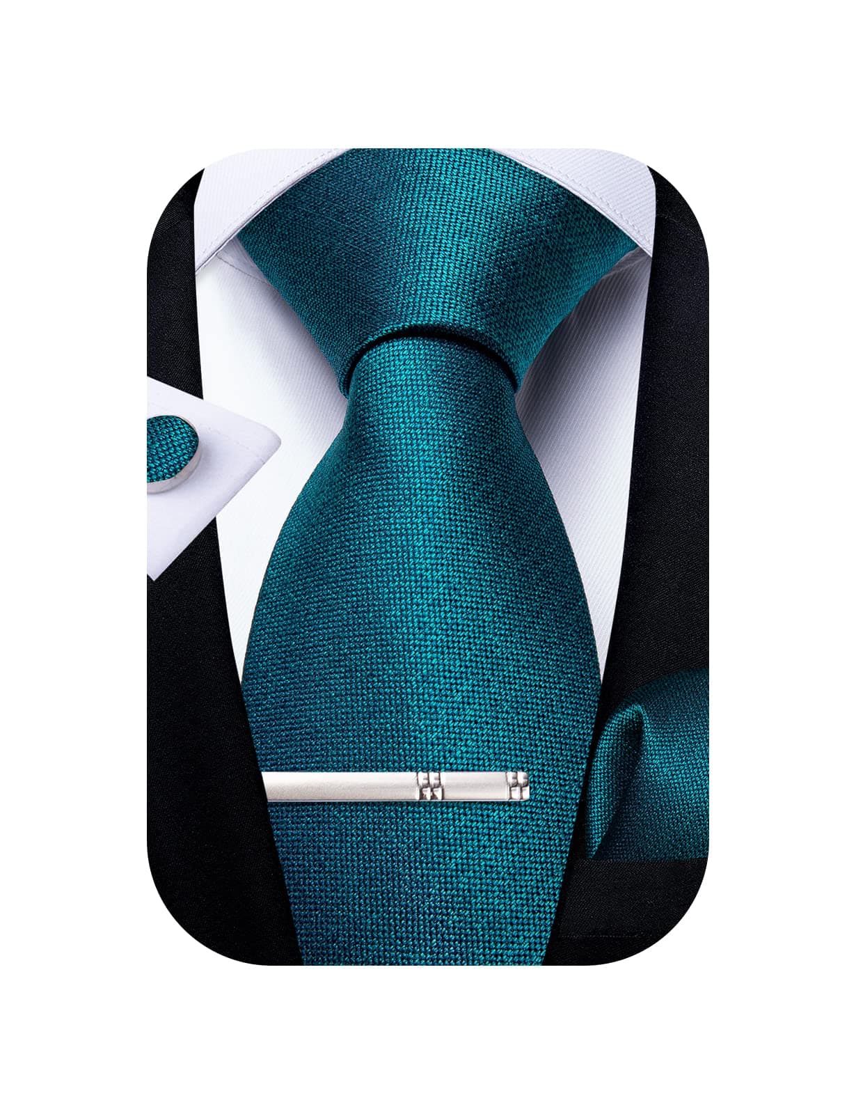 DiBanGu Mens Silk Necktie Solid Color Tie and Pocket Square Cufflink Tie Clip Set Woven Plain Ties for Men Wedding Party, Teal