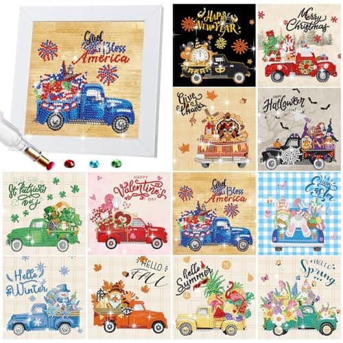 Trandraft 13 Pcs Truck Seasonal Diamond Art Kits for Adults 250th Anniversary Favor Interchangeable 5d Small Diamond Art Kits Framed Gem Painting for Holiday Table Decor DIY Craft 4th of July Gift