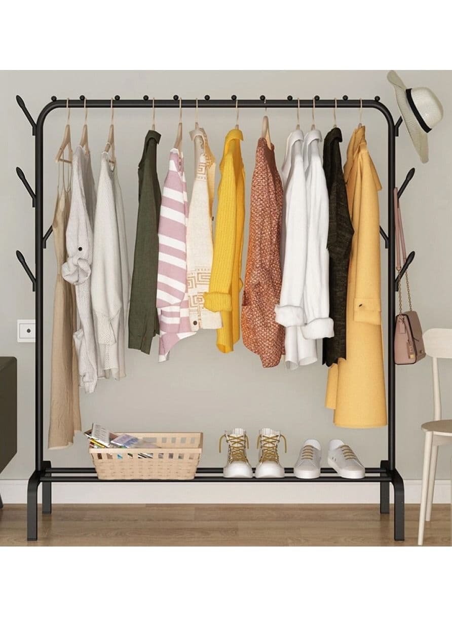 Multipurpose Clothing Garment Rack with Bottom Shelves,Metal Clothes Stand Rack with Rod and Lower Storage Shelf, Heavy Duty Coat Rack and Shoe Bench Storage Stand for Indoor Bedroom