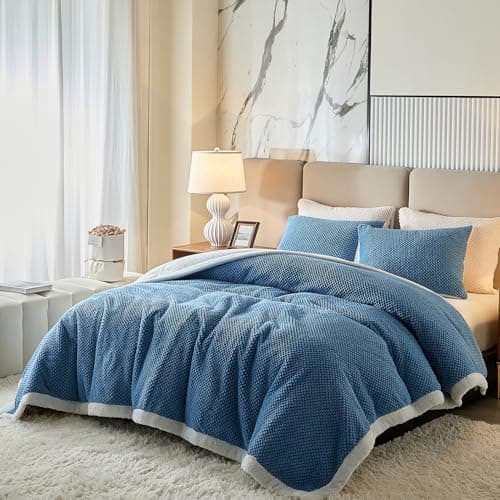 Luxury Flannel Fleece Sherpa Blankets Queen Size for Bed, Jacquard Boho 3-Layer Thick and Warm Blanket for Winter, Soft Cozy Fuzzy Plush Velvet Blanket with 2 Pillow Cases, Blue, 88x88 Inches