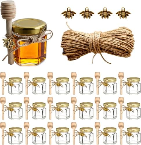 Mini Honey Jars Hexagon Little Glass Honey Jar with Gold Lids Wooden Dippers Bee Charms and Jutes Small Honey Jars for Baby Showers 20Pack
