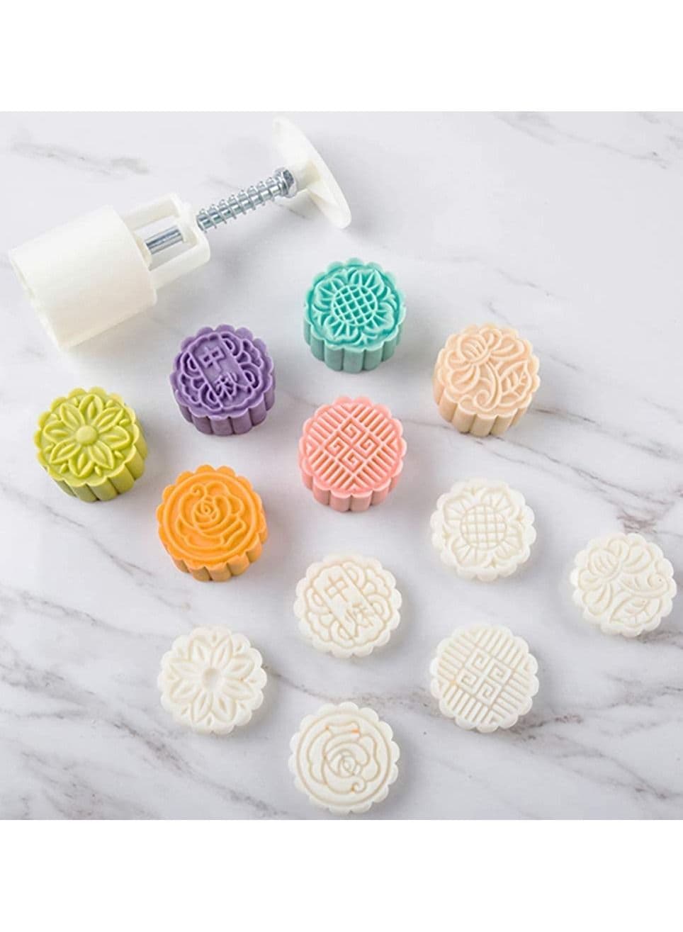 3D Rose Flowers Mooncake Cookie Mold Cutter Pastry DIY Baking Tool 1 Barrel+6 Stamps Set Hand Pressure Cake Mould, White