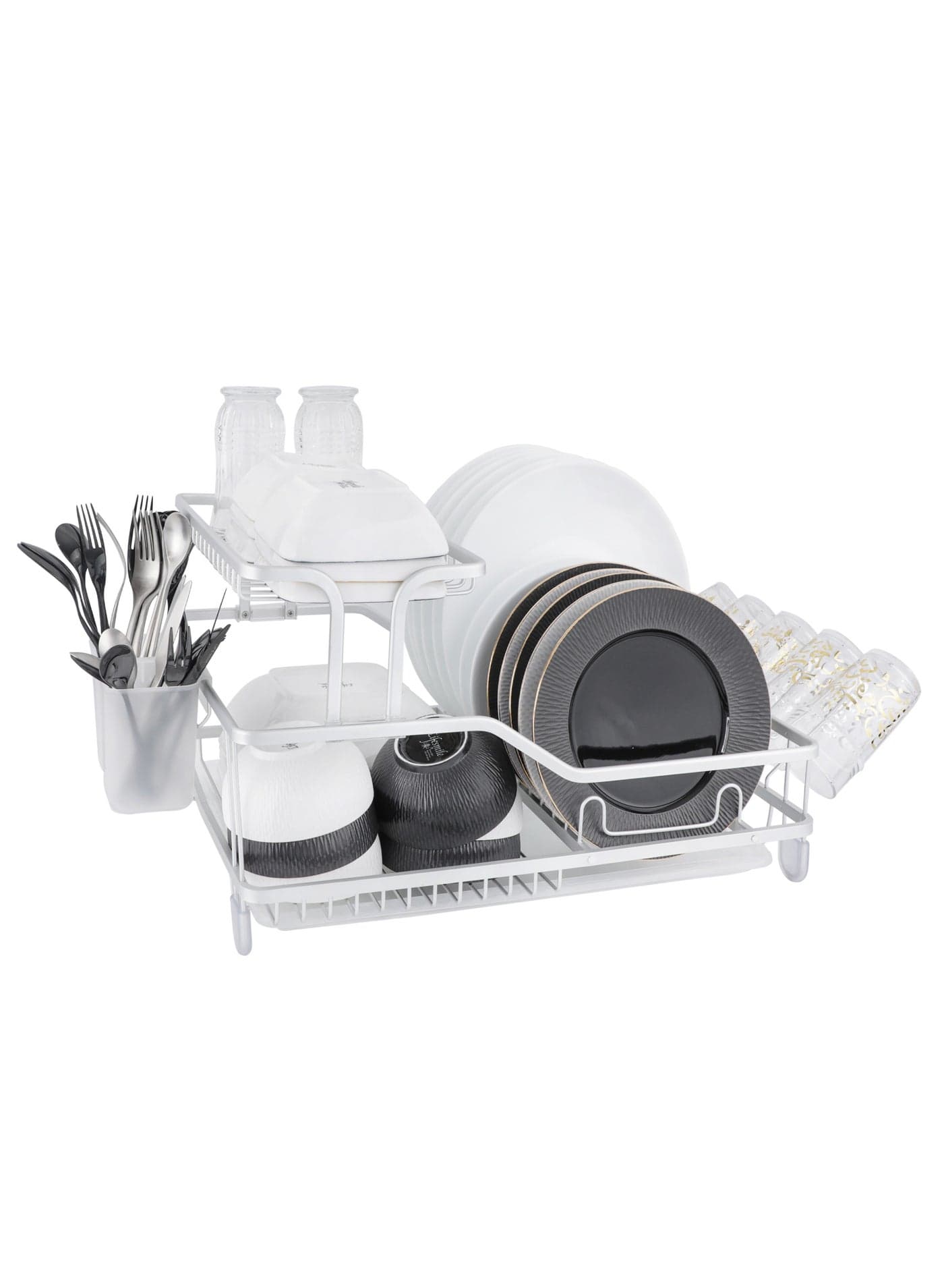 LIFE SMILE Dish Rack - 2 Tier Countertop Dish Drying Stand With Removable Drip Tray - Aluminum Material with Cutlery Holder and Cups Holder - Anti Slip and Rust Proof Dish Drainer
