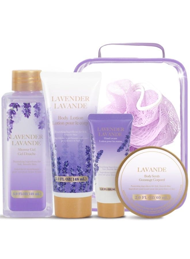 Lavender Bath & Body Gift Set for Women, 6PCS Spa Kit with Shower Gel Body Lotion Body Scrub Hand Cream Loofah, Travel Bag, Luxurious Lavender Self-Care Set for Birthday, Mother’s Day