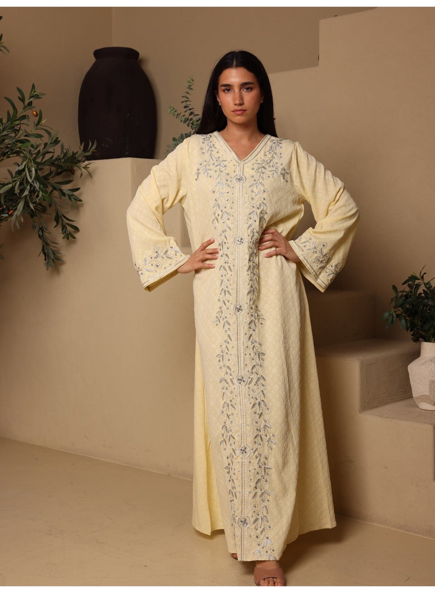 IKKXA Crystal Vine Embroidered Jalabiya IK6045 Yellow