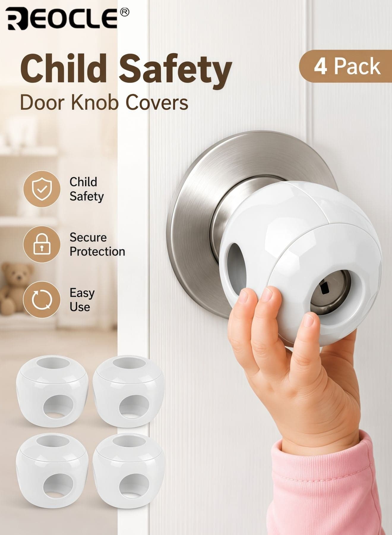 4PCS Kid's Safety Door Knob Covers with Dual Lock Design and Hard to Remove Feature Baby Proofing Locks with No Tool Installation for Home Child Protection