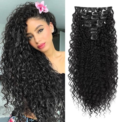 FLUFYMOOZ 9PCS Clip in Hair Extensions 22 Inch Curly Hair Extension Long Soft Synthetic Hairpieces for Women (Black)