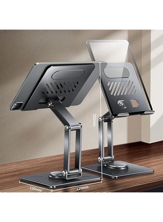 Foldable Tabletop Tablet Stand, Adjustable iPad Stand with 360° Swivel Base, Aluminum Alloy Tablet Stand, Compatible with 4.7-12.9 devices
