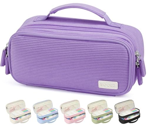Sooez Large Pencil Case Pouch Soft Corduroy Pencil Bag with Handle Cute Pen Case 5 Compartments Wide Opening Pen Pouch Organizer with Zipper Aesthetic School Supplies for Girls Women Purple