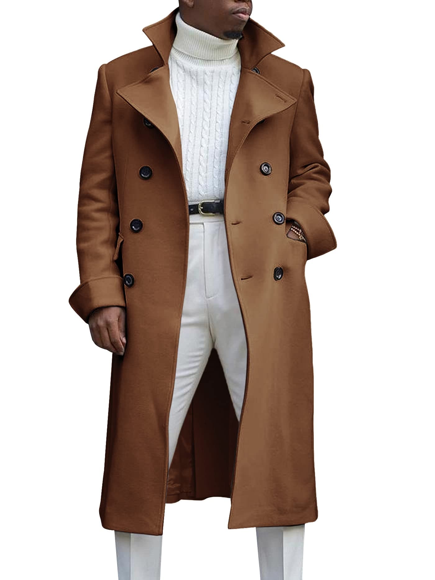Ebifin Mens Notch Lapel Double Breasted Long Trench Coat Casual Cotton Blend Peacoat