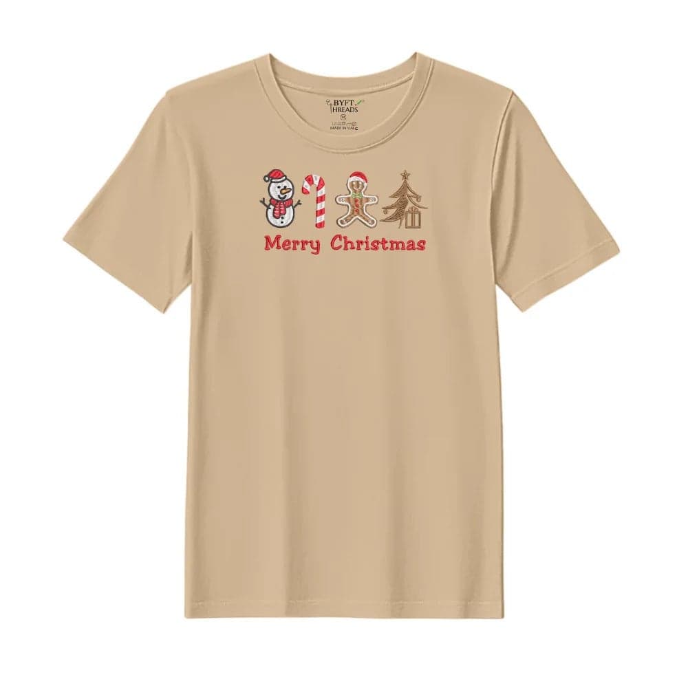 Threads XL Beige Polycotton T-Shirt - Christmas "Merry Christmas Icons (Snowman + Candy Cane + Gingerbread + Tree)" Embroidered Design, Premium Holiday Collection