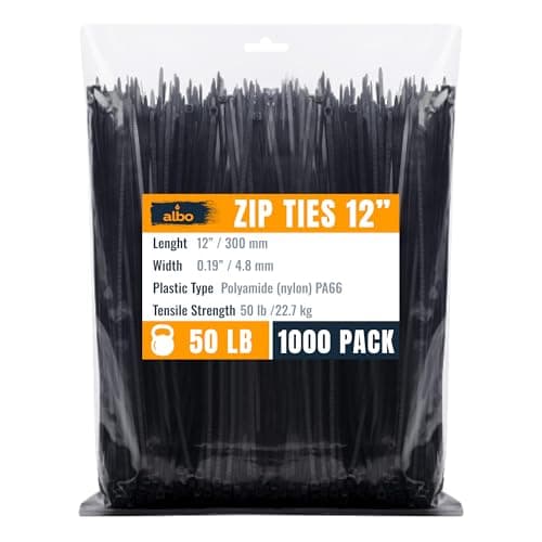 ALBO Zip Ties Black 12 Inch 1000 Pack 50 lb, Long Plastic Cable Ties Thick 0.19 Inch Tie Wraps Heavy Duty UV Resistant Nylon Wire Ties for Indoor and Outdoor