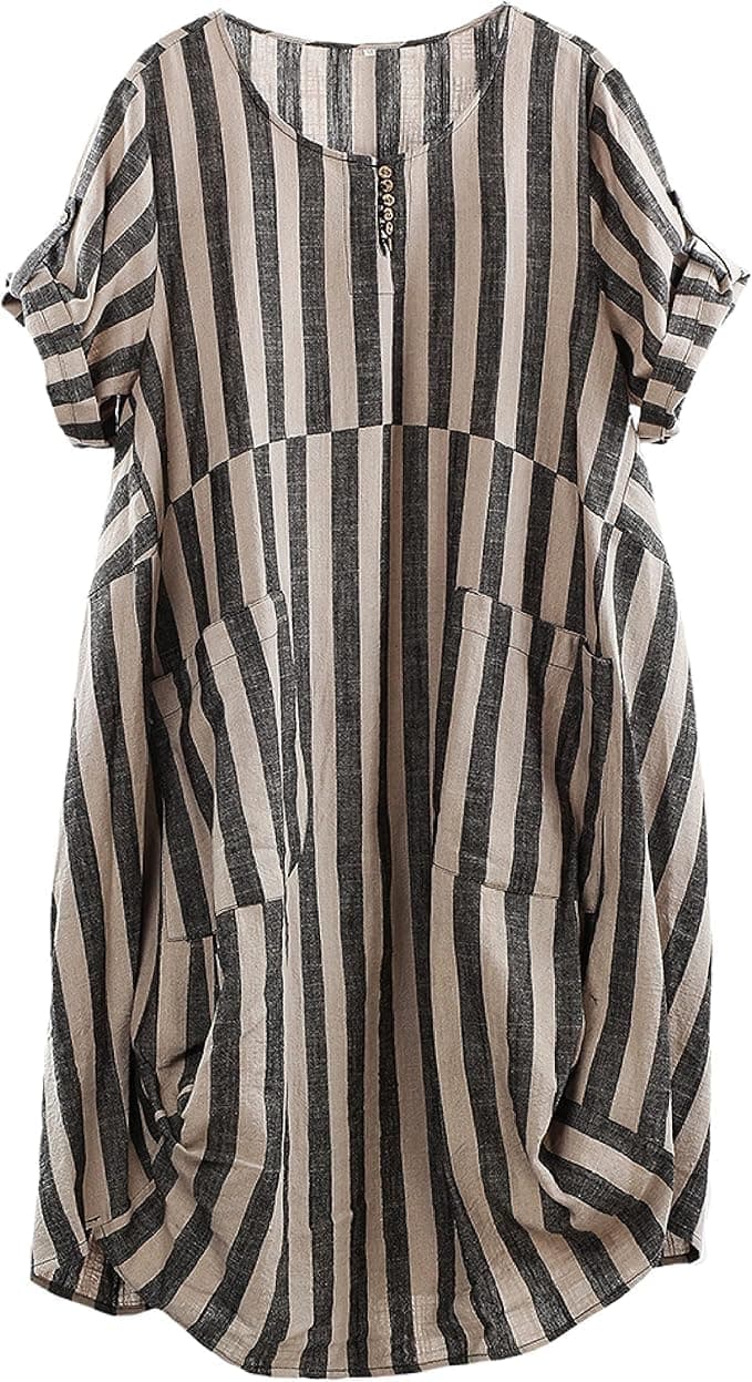 Minibee Womens Ruffle Oversize Casual Midi Dresses with Pockets Style 2 Black Stripe L