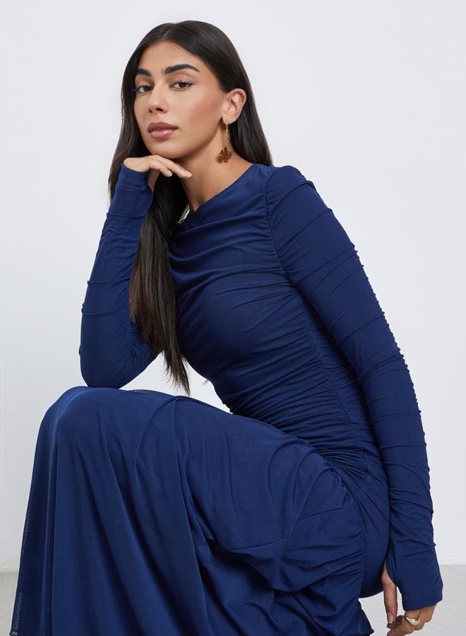 Styli Blue Ruffle Mesh Hem Maxi Dress