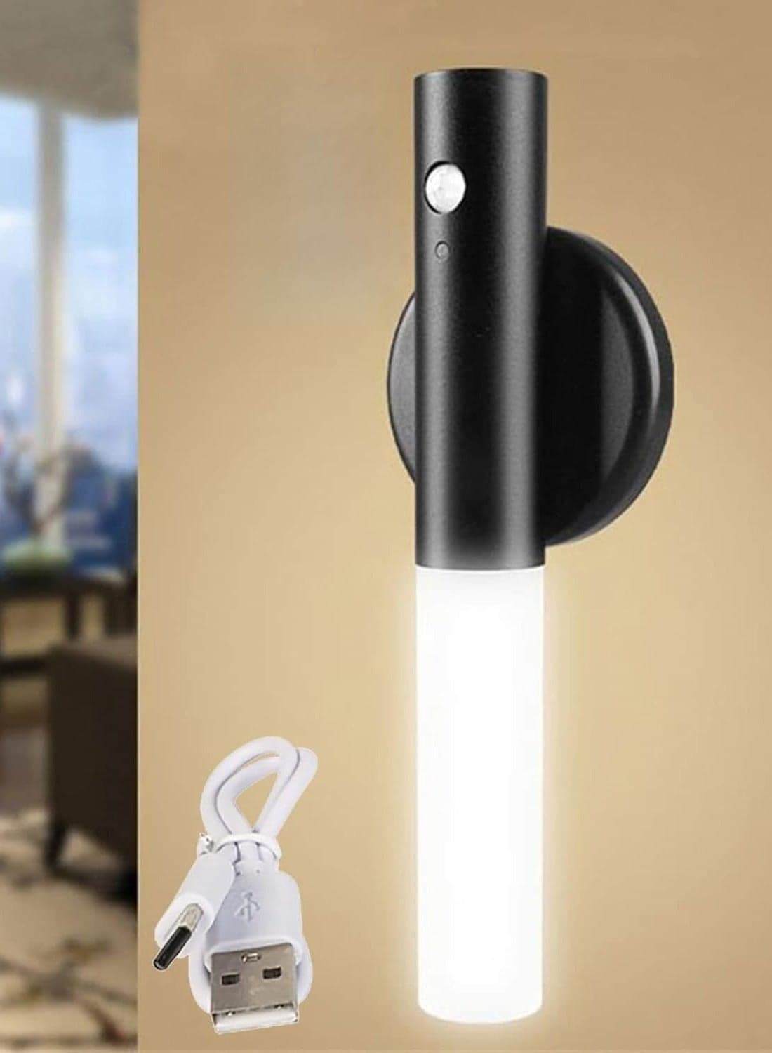 Wall Lamp Lights Indoor with Switch, USB Rechargeable Wall Lights with Motion Sensor Magnetic Dimmable Induction Under Cabinet Light Bedroom Mirror Wall Sconces (Black,1 Pack)