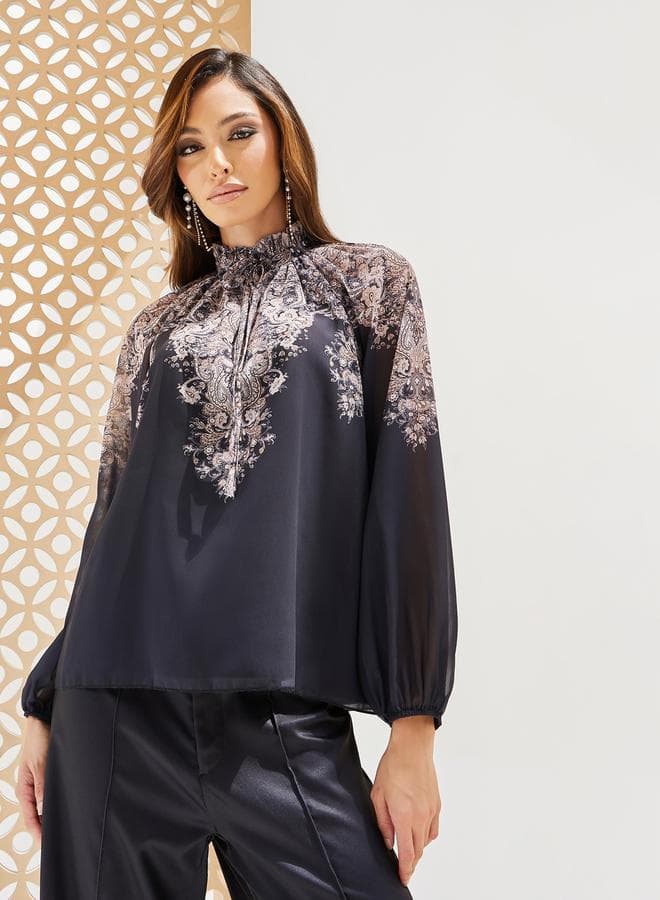 Placement Print Balloon Sleeve Blouse