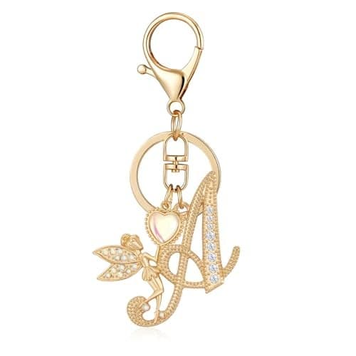OKAICEN Gold Plated Angle Alphabet Initial Letter Keyring Keychain for Women Girls Crystal Key Chains for Wallet Backpack Bag Charm('A')