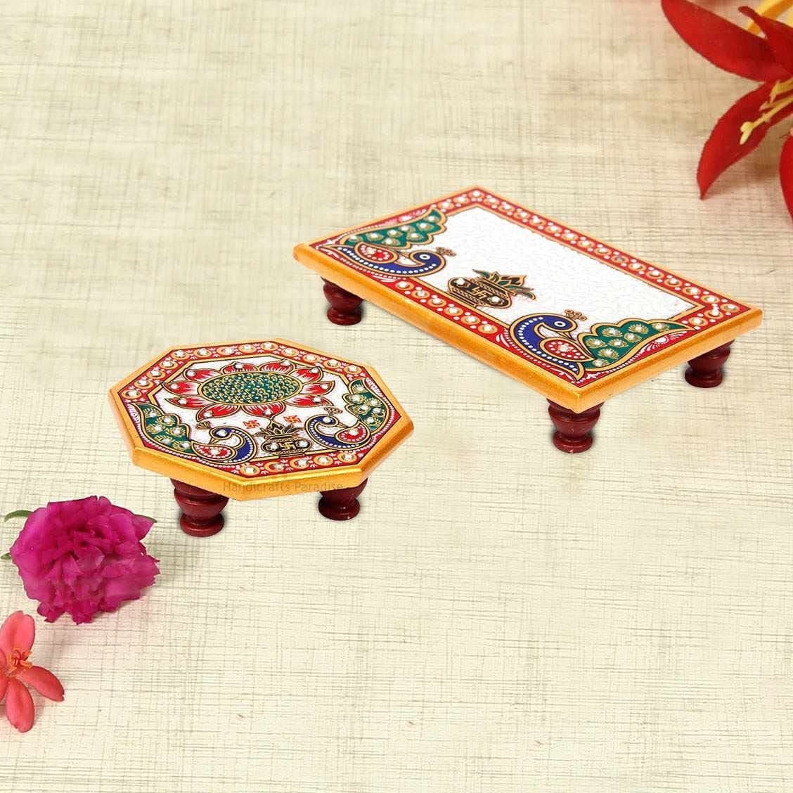 Handicrafts Paradise Marble Puja Chowki for Mandir 6x4 inch and 4x4 inch 2 Piece
