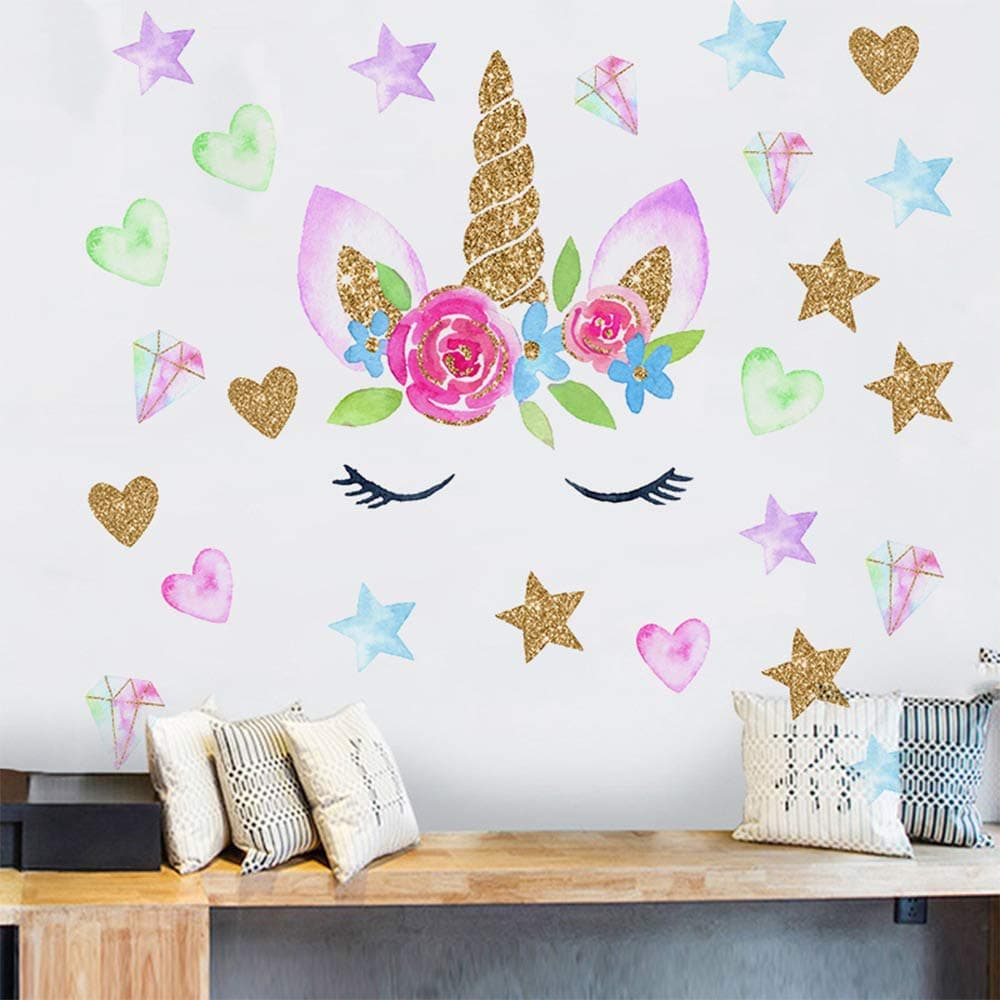 heshengzaixian Unicorn Horn Wall Stickers Unicorn Face Star Heart Wall Decals for Girls Bedroom Baby Girl Nursery Kids Birthday DecorationGirls Room Decor