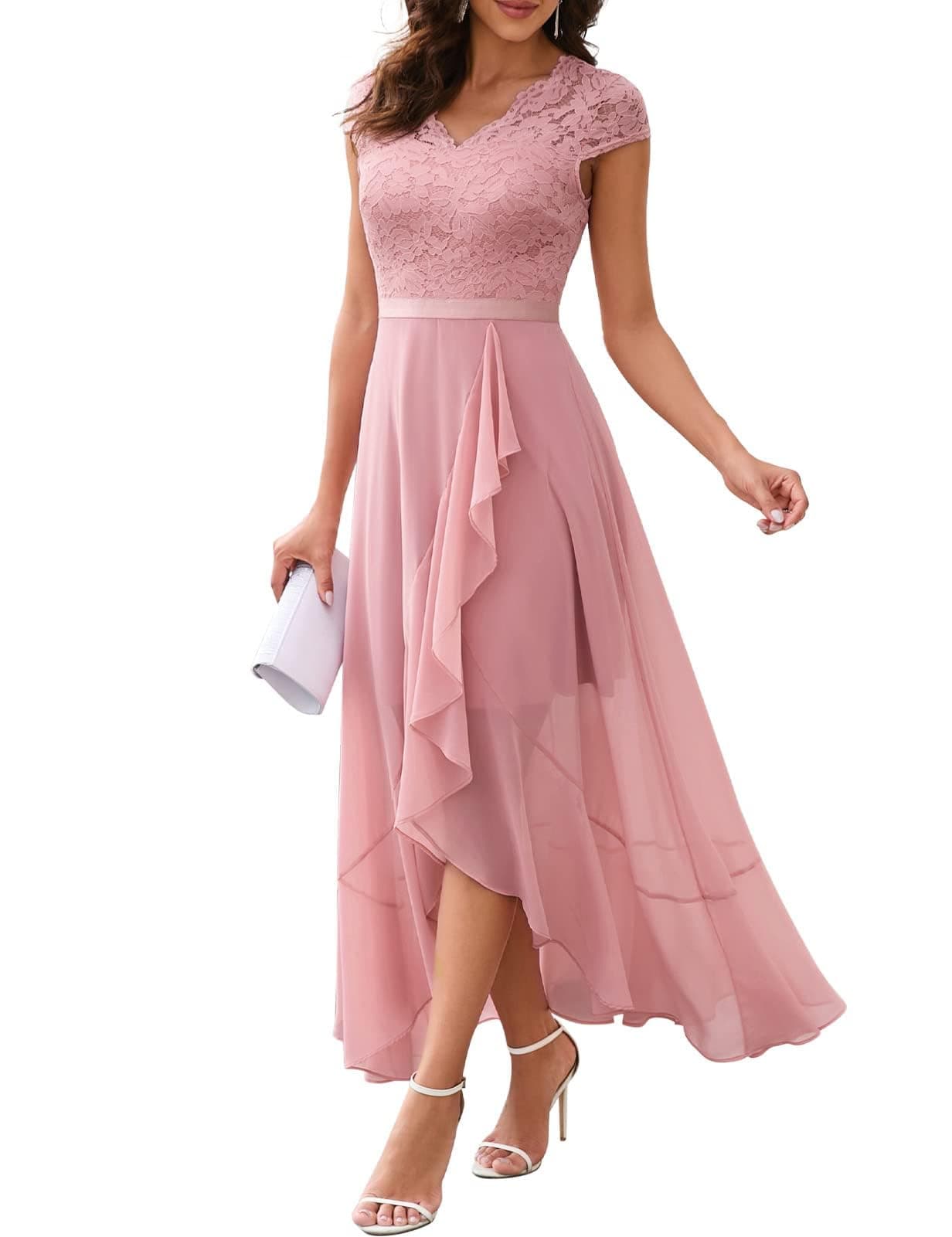 Bbonlinedress Women's V-Neck Hi-Lo Bridesmaid Dress Floral Lace Flowy Ruffled Cocktail Prom Party Formal Wedding Guest Dress Blush S