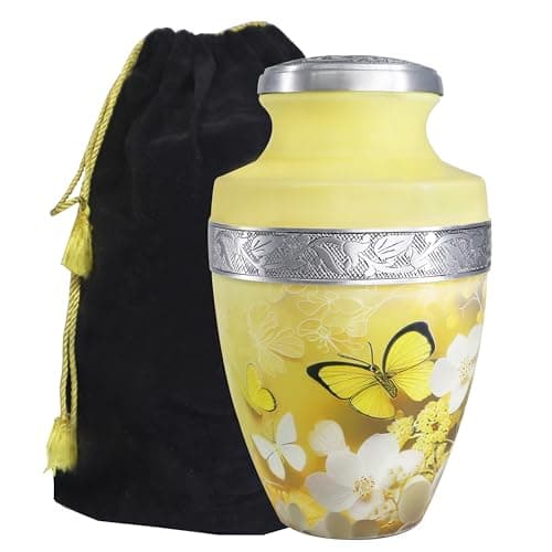 M MEILINXU Urn for Ashes for Woman & Man, Cremation Urns for Human Ashes Adult Female or Male, Burial Urn with Butterflies, Decorative Urns for Funeral, Yellow Butterfly and Flowers - Large