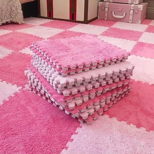 Typutomi 12pcs Plush Puzzle Foam Floor Mat Soft Thicken Fluffy Interlocking Square Foam Tiles Area Rugs Carpet for Parlor Bedroom Decoration118x118x055inRose RedPink