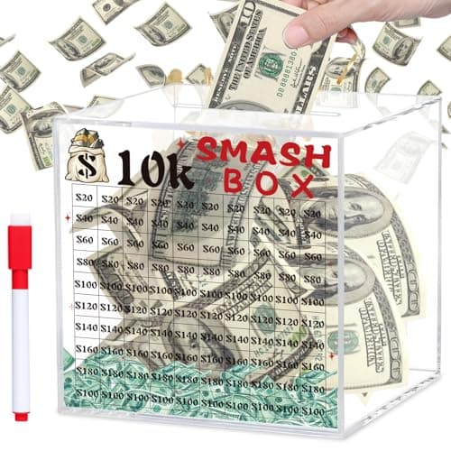 xiheer 10k Smash Box for Money Large Piggy Bank For Adults 10000 Savings Challenge Box Money Saving for Cash Big Unbreakable Clear Acrylic Money Saver Must Break to Open