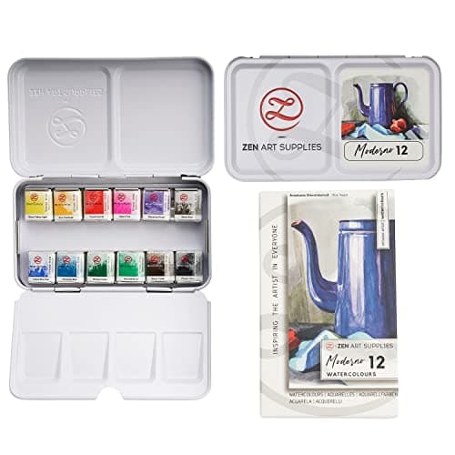 ZenART Professional Moderno Watercolor Paint - Non-Toxic 12 Half-Pan Set in Metal Tin Palette - Portable Travel Set for Adults - Vibrant Modern Water Color for Artists & Illustrators
