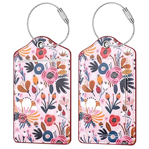 (Set of 2) Luggage Tag Leather Privacy Cover ID Label Address Card with Stainless Steel Loop, Travel Bag Tags Suitcase Labels, Pink Flowers