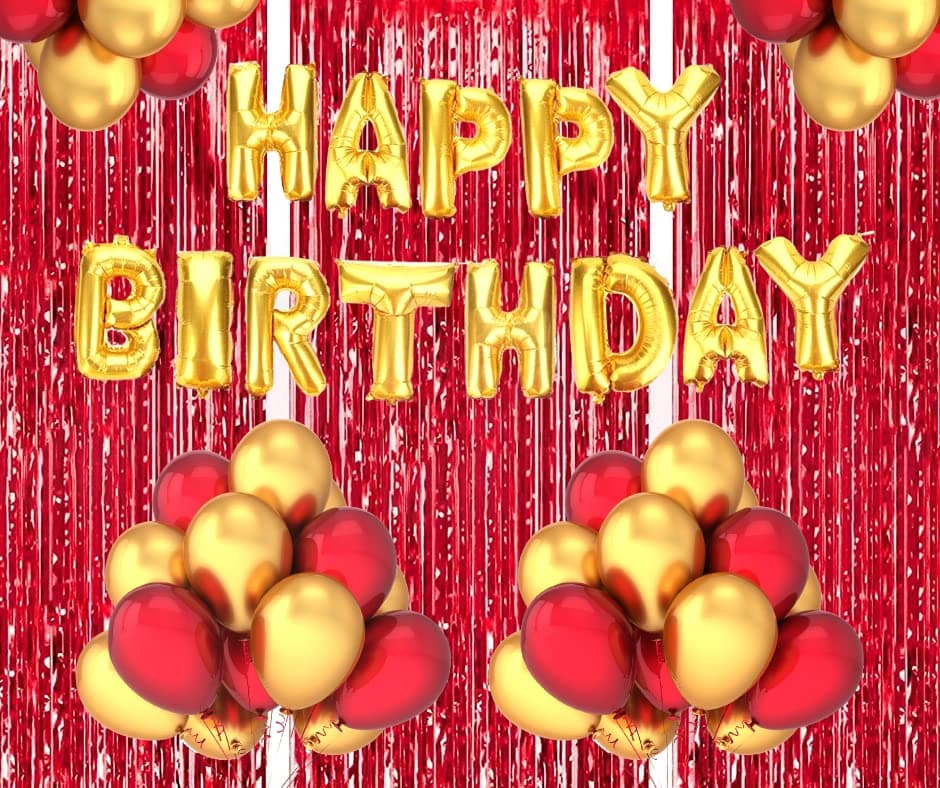 Flyloons Birthday Decoration items for Girls Boys Husband Wife Valentine with Gold and Red Balloons, Golden Happy Birthday Banner, Red Foil curtains