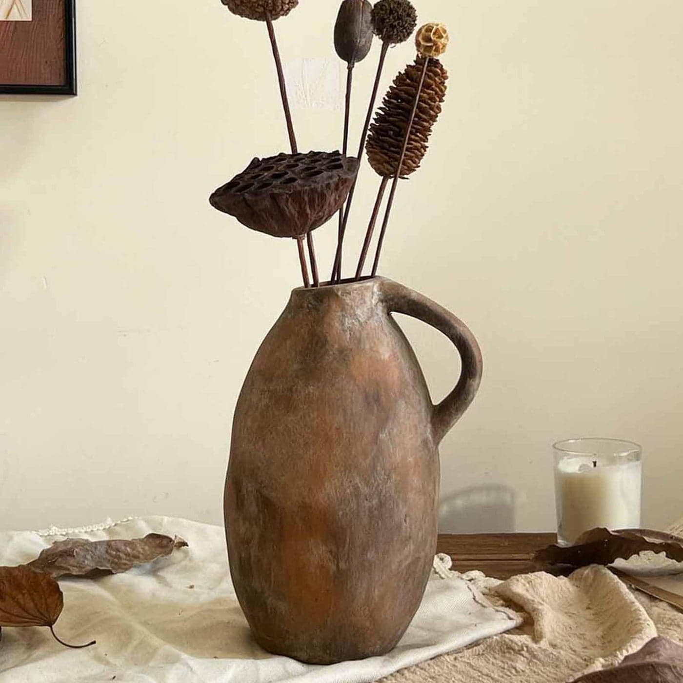 GDSZJLJ Farmhouse Vase 103 Inch Ceramic Rustic Vase with Handle Handmade Pottery Vintage Farmhouse Centerpiece Rustic Flower Vase for Living Room Kitchen Modern Farmhouse DecorBrown