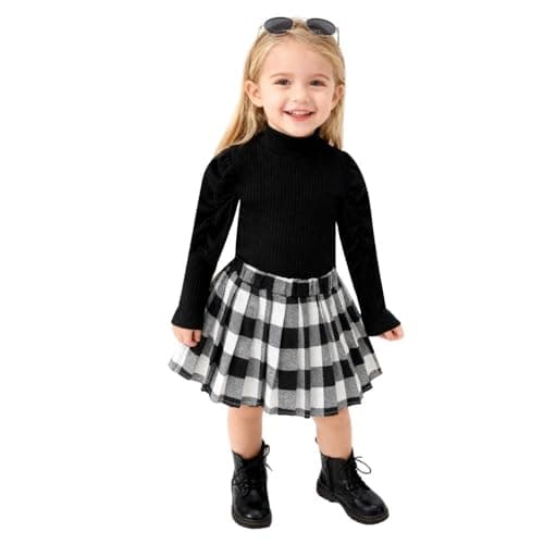 A.T.U.N. (ALL THINGS UBER NICE) Girls Winter Ready Flannel Checks Dress | Ribbed High Neck Warm Dress | Stylish Cozy All-Day Wear Black-White