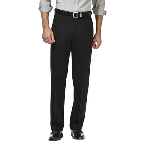 Haggar mens Premium No Iron Khaki Classic Fit Expandable Waist Flat Front Pant, Black, 42x32