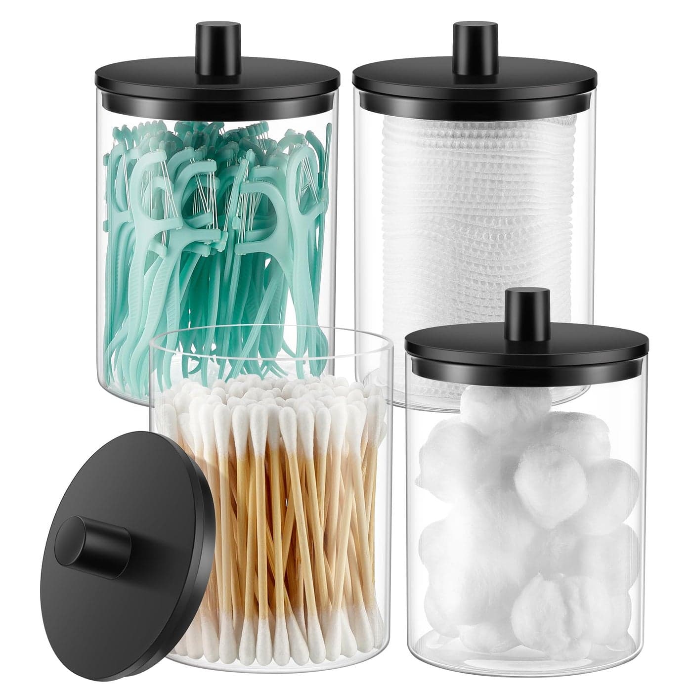 TIPGO Glass Qtip Holder Dispenser 10 oz Clear Canister Apothecary Jar Bathroom Vanity Storage Organizer Set for Cotton Swabs Pads Floss Picks Small Containers for Makeup Storage 4 Pack Black