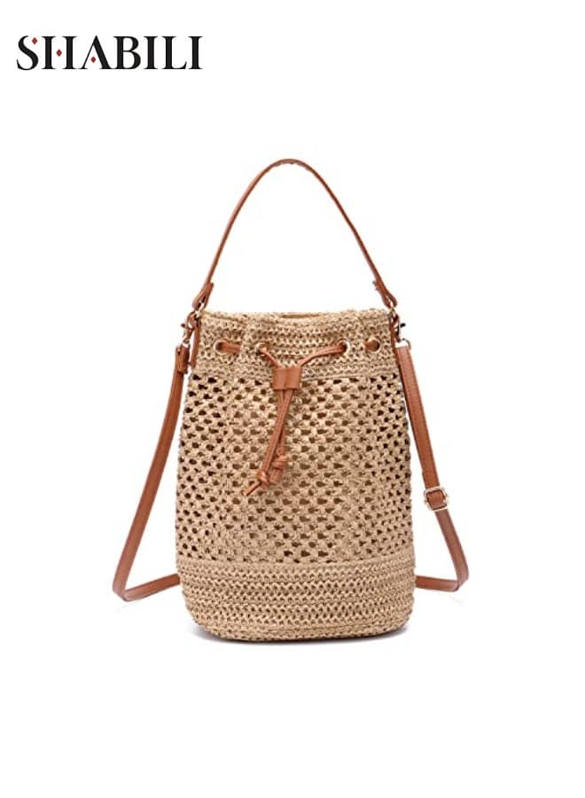 Women Boho Drawstring Cross Bags Ladies Bag, Ladies Small Beach Tote Sling Crossbody Satchel with Organizer Clutch Insert, Lightweight Fashion Handbag for Summer Youth Travel Daily Use (Beige)