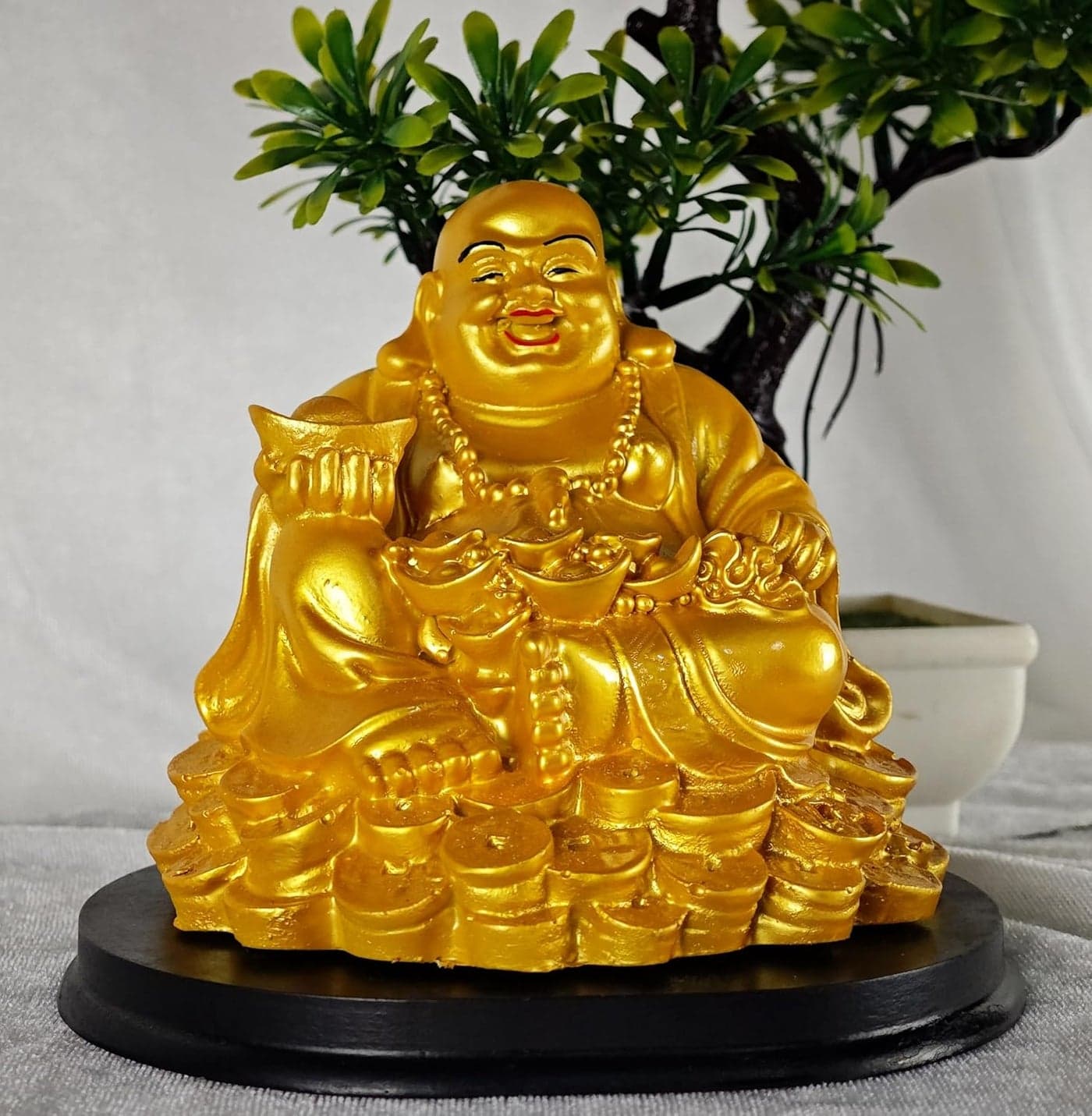 GOODMARTS Fengshui Golden Polyresin Medium Size Set of 1 Happy Man Laughing Buddha Statue Sitting on Gold Coin with Ingot for Good Luck Office Decor Home Decoration 15 cm FS1080Gold
