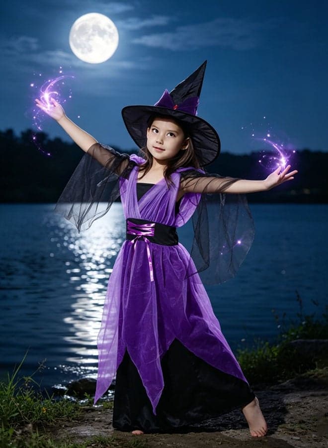 Witch Costume Cosplay Costume for Girls Witch Dress Purple with Witch Hat Girls Witch Festivals Parties Cosplay Costume