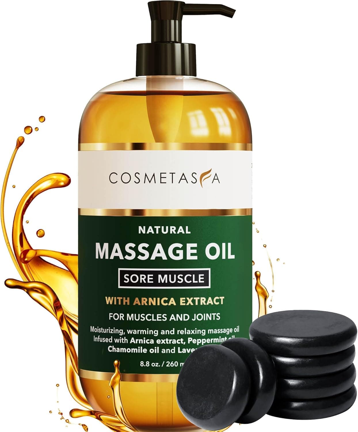 Cosmetasa Sore Muscle Massage Oil with Massage Hot Stones Soothes Muscle and Joint with Arnica Extract Peppermint Chamomile and Lavender Oil