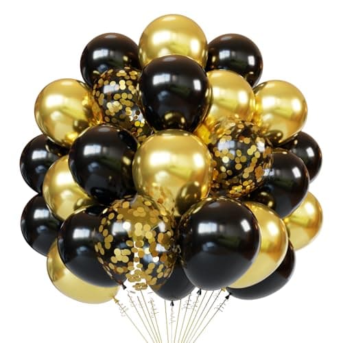 Black and gold Confetti Balloons 60pcs 12 Inches Gold and Black Party Balloons with 1 Ribbon for Graduation Birthday Baby Shower Wedding Party Decorations