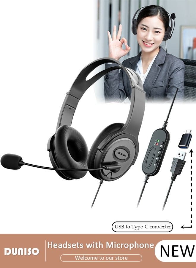 USB Headset with Mic, Computer Laptop Headphones with Noise Cancelling Microphone in-line Control for Home Office Online Class, Equipped with a type-c adapter, Adjustable In-line Control Microphone, Comfortable Wearing Design