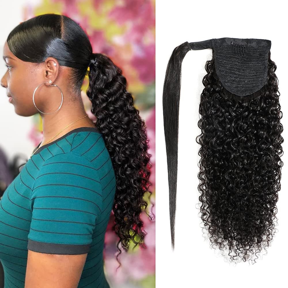 Curly Human Hair Strap Ponytail Extensions 100 Unprocessed Brazilian Hair Wrap Around Ponytails Magic Paste with Comb Clip in Kinky Curly Pony Tail 10 Curly Hair