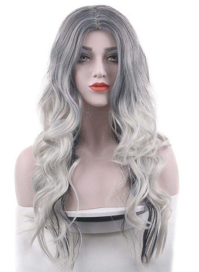 Beautyself Silver Grey Costume Wigs for Women Halloween Curly Long Wavy Fashion Cosplay Ombre Black Mix Gray Hair Wigs with Wig Cap