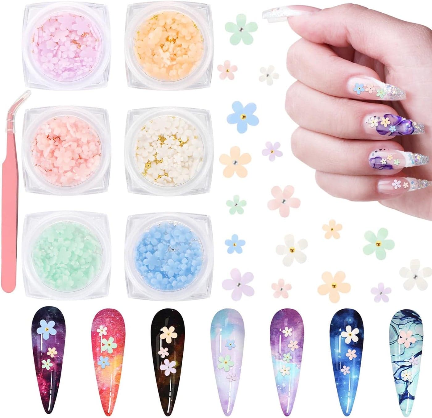 6 Pack 3D Flowers Nail CharmsUHOMENY Colorful Flower Nail Art Charms with Pearl Flower Nail Art Gem Nail Manicure Decoration Flower Nail Accessories with Tweezers for Nail Art Jewelry Crafting
