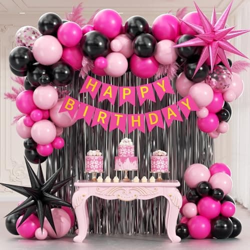 Hot Pink and Black Birthday Decorations with Black Light Hot Pink Confetti Foil Balloons Banner Fringe Curtain for 21st 25th 30th 40th 50th Happy Birthday Decorations for Women