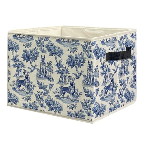 uinwk Vintage Blue Chinoiserie German Shepherd Storage Bins French Country Toile de Jouy Collapsible Storage Box Laundry Basket with Handle for Bedroom Bathroom Office Clothes Books