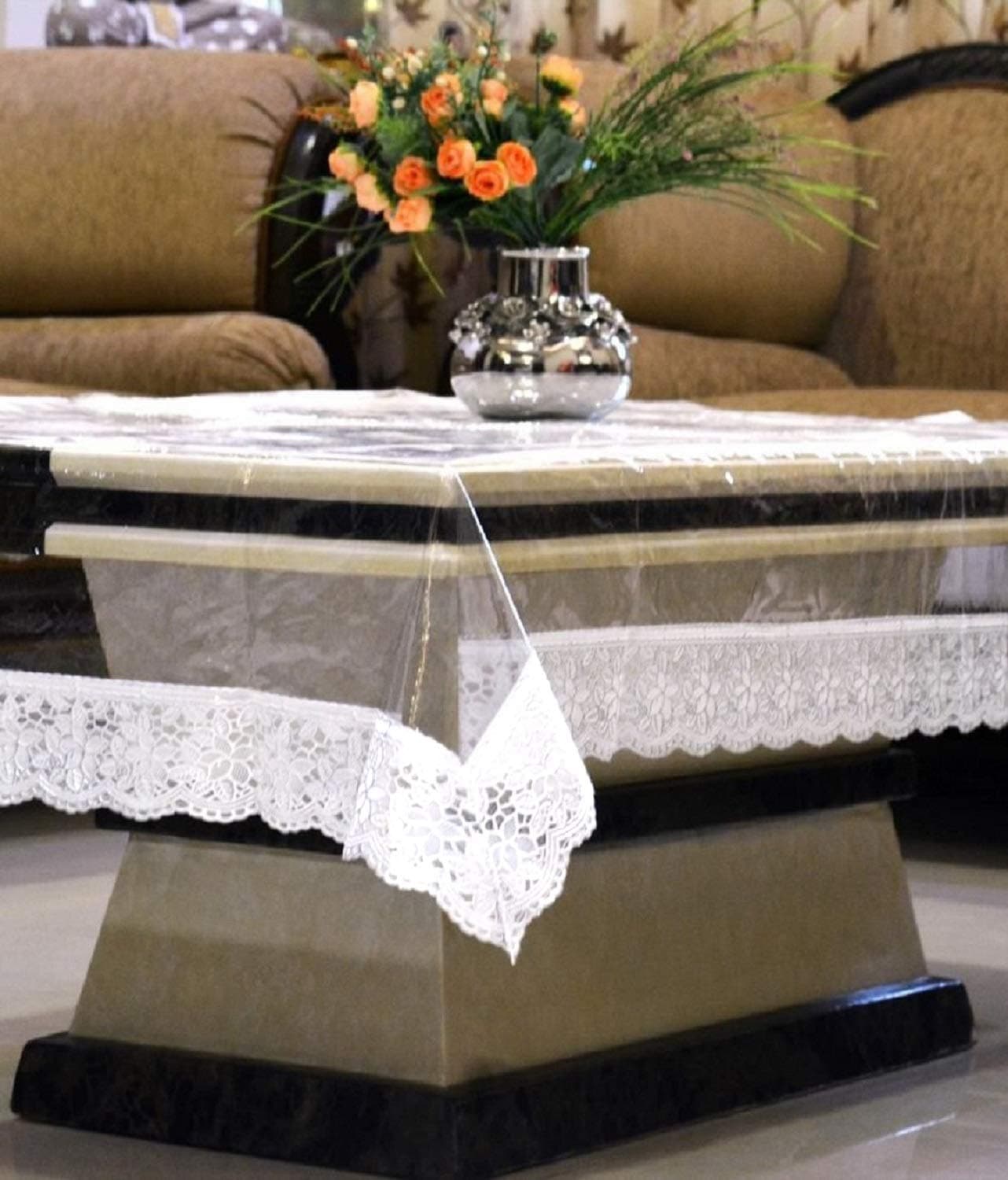 Kuber Industries Transparent Center Table Cover 4 Seater 40 * 60 Inches (White Lace), (Model: KeshavKub3276)