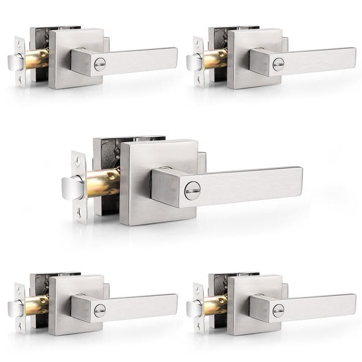 Probrico 5 Pack Door Handles Brsuhed Nickel Privacy Door Levers with Lock for Bedroom & Bathroom, Heavy Duty Square Interior Door Handles,for Left & Right Handed Doors,Keyless